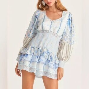 LoveShackFancy Light Blue & White Floral Patchwork Mini Dress